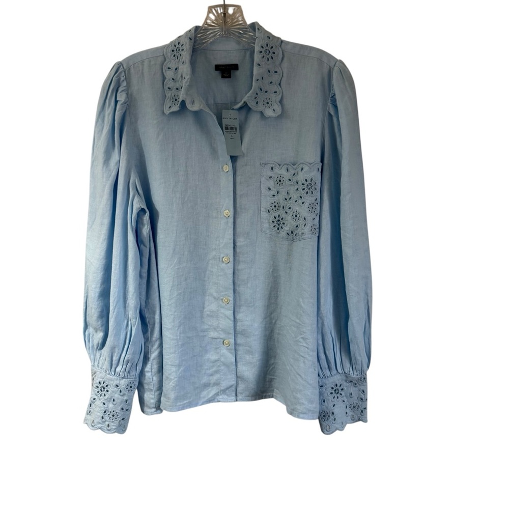 Ann Taylor Embroidered Linen Blend Button Up Shirt Zephyr Blue Size LP NEW